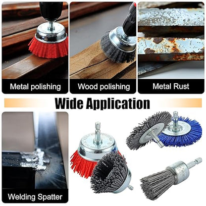 MAXMAN Nylon Drill Brush Set for Rust Removal - 9 Pack Abrasive Wheel & Cup Brush Attachments, 1/4" Hex Shank, Remove Paint & Corrosion from Metal, Wood - Heavy Duty Tools for Drills & Impact Drivers