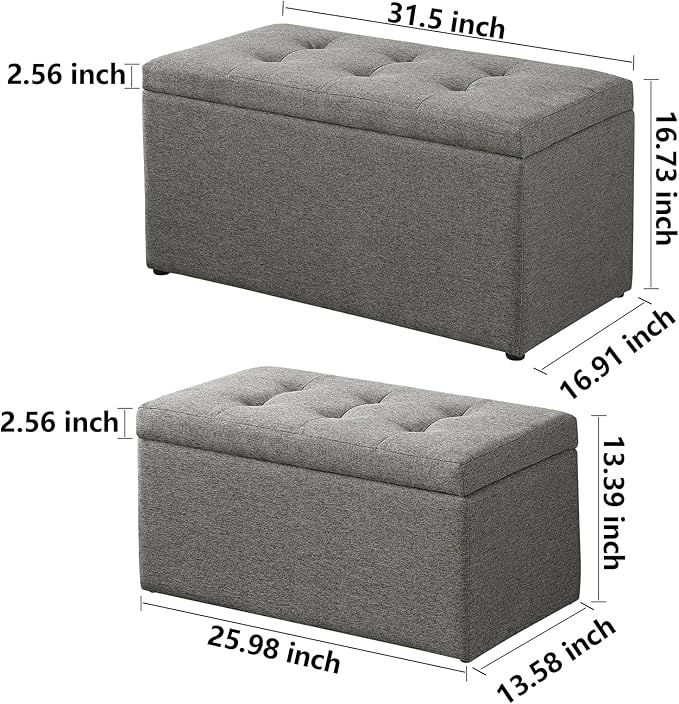 Storage Ottoman Bench with 2.56-inch Thick Seat, 31.5 inch Nesting Ottoman Set of 2, Hinged Flip Top Bench with Storage for Living Room, Bedroom, Light Grey