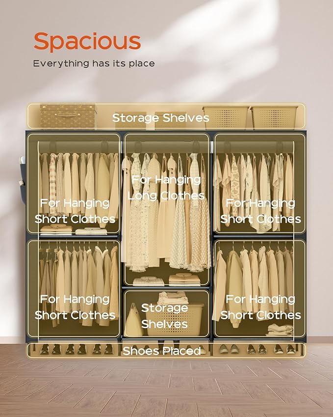 Clothes Rack, Portable Closet, 81.5 Inch Large Capacity Wardrobe Closet, Clothes Storage Organizer with Shelves and 5 Hanging Rods, Easy to Assembly, Grey PCT136G01