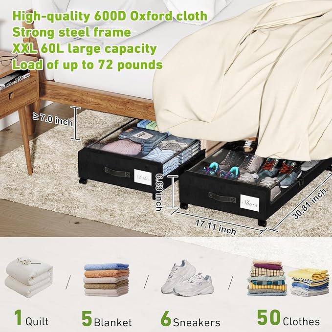 Under Bed Storage with Wheels, 4-Pack Under the Bed Storage Containers with Clear Lids & Label, Underbed Storage Bins, XXL 60L Rolling Metal Drawer for Clothes, Shoes, Toys, Books - Black