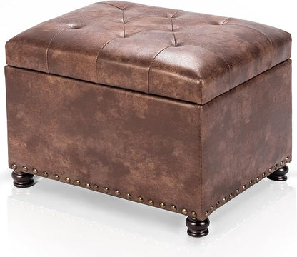 Joveco Leather Storage Ottoman, 24" Rectangle Tufted Square Upholstered Bench, Foot Rest Stool with Wood Legs, Footstool for Living Room Bedroom, Coffee
