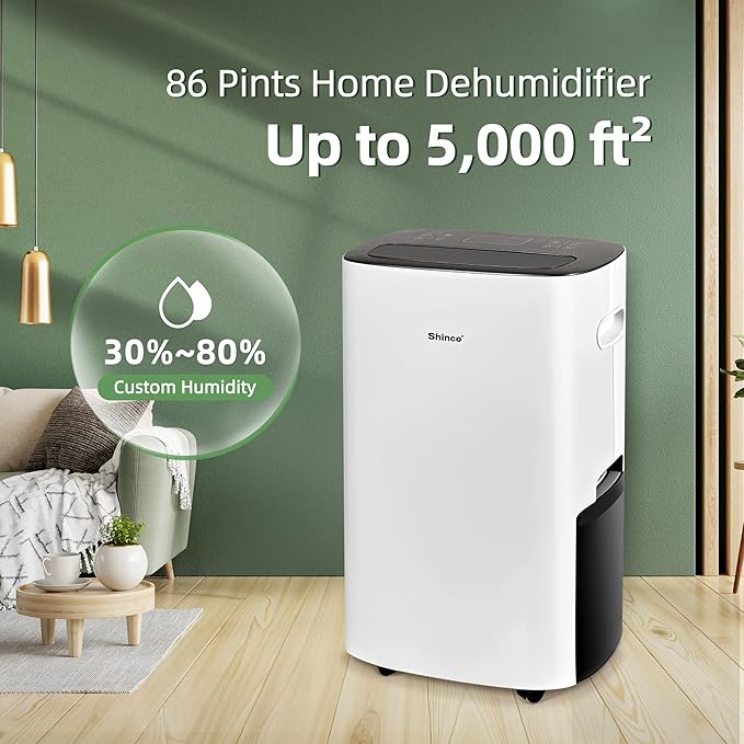 Shinco 86 Pints Dehumidifier for Home and Basements, 5000 Sq.Ft Dehumidifiers with Drain Hose, Auto or Manual Drainage, Auto Defrost, Quietly Remove Moisture, Intelligent Humidity Control, 24HR Timer