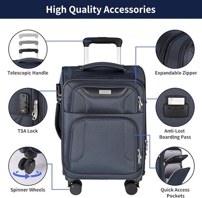 3-Piece Softside Expandable Luggage Set with Front Open Pocket, Lightweight and Durable Oxford Fabric Suitcase Set with TSA Lock (Blue, 20in/24in/28in)