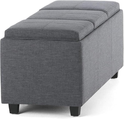SIMPLIHOME Avalon 42 Inch Wide Contemporary Rectangle Storage Ottoman in Slate Grey Linen Look Fabric, Assembled, For the Living Room, Entryway and Family Room