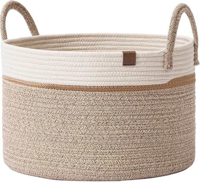 LA JOLIE MUSE Woven Basket Rope Storage Baskets - Tall Cotton Basket, Laundry Basket for Blanket, Kids Toy, Nursery Clothes Hamper Basket-S