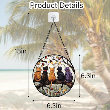Stained Glass Window Hanging - 5 Cats on a Branch Suncatcher for Window Doors Home Decoration and Christmas, Mother's Day Father's Day Birthday Gifts for Women, Men, and Mom 6.3x6.3 in