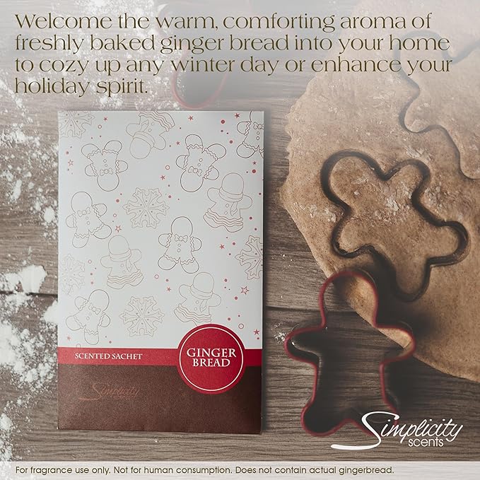 Simplicity Scents Gingerbread Scented Sachets Pack of 3, Fall & Winter - Long-Lasting Scented Bags, Home Fragrance, Air Freshener & Deodorizer for Closet, Room, Drawer, or Cars, Made in USA