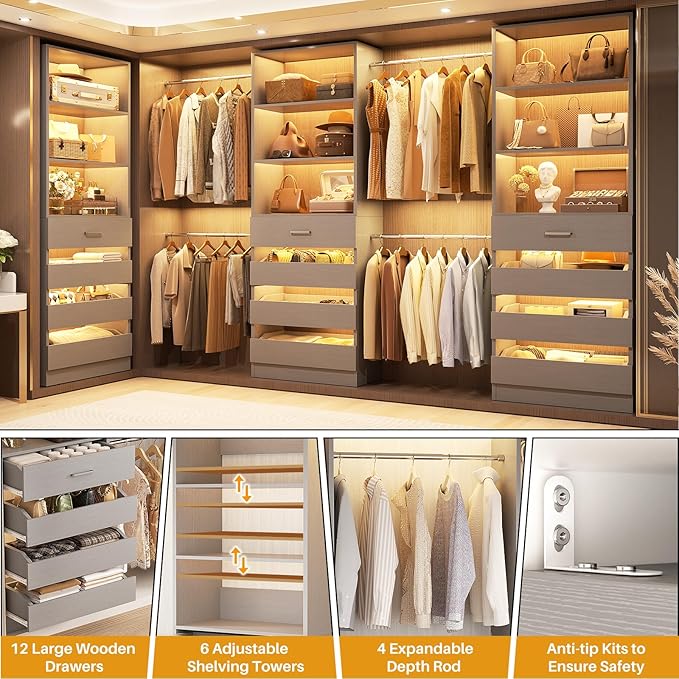 Aheaplus Closet System with 12 Drawers, 8.5-11.5Ft Wood Closet Organizer System with 4 Hanging Rods & 3 Towers, 4Ft & 6Ft L-Shaped Walk-in Closets Wardrobe Organizer Clothes Rack, Set of 3, Grey