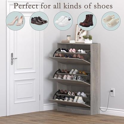 Shoe Cabinet with Odor Control and Back Panels, Deodorizing Slim 3-Flip Shoe Storage Cabinet for Entryway, Freestanding Hidden Shoe Rack Organizer for Entrance, Hallway, Bedroom