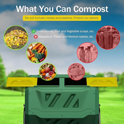 43 Gallon Outdoor Dual Chamber Tumbling Composter - BPA Free, Rotating Compost Bin with Sliding Doors & Steel Frame for Garden/Yard