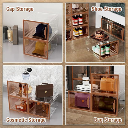 X-Large Stackable Shoe Boxes - Clear Plastic Shoe Storage Boxes with Magnetic Door, Thicken Shoe Organizer for Closet, Space Saving Foldable Shoe Containers Bins for Sneaker Boot - 8 Pack(Brown)