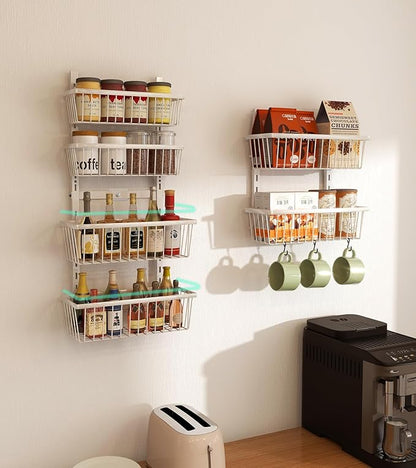 White 12 Inch Wide Narrow Over The Door Pantry Organizer, Pantry Organization and Storage, 8-Tier Metal Hanging Deep Basket Wall Spice Rack Seasoning Shelves, Home & Kitchen Essentials