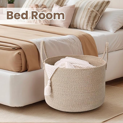 Woven Blanket Basket,115L Large Rope Storage Bin with Handles, Organizer for Blankets Toys Book and Clothes, Laundry Basket for Living Room Bedroom Nursery,Oatmeal