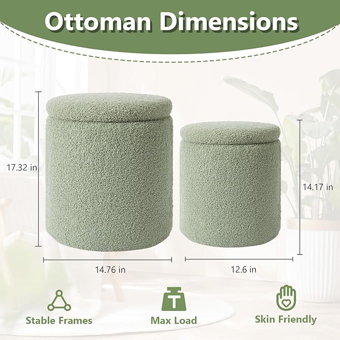 Boucle Round Ottoman with Storage Set of 2,Small Foot Stool Ottoman for Living Room,Small Coffee Table, Vanity Stool with Storage for Bedroom, Green