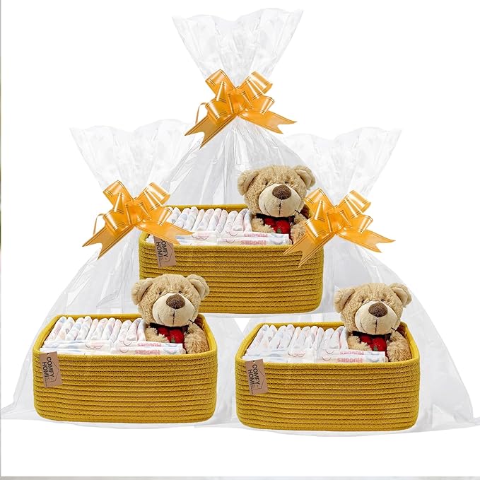COMFY-HOMI 11.5"x7.5"x4.7" Storage Baskets for Organizing | Cotton Rope Woven Basket | Toy Storage Bin Box | Basket for Shelves, Closet Organizer Bin, Decorative Closet Shelf, 3 Pack, Yellow
