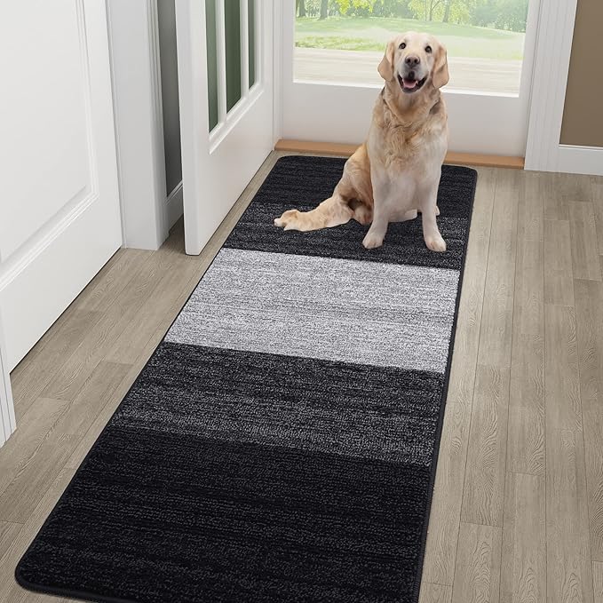 Kitinjoy Indoor Outdoor Door Mat, 59x20 Non-Slip Absorbent Dirt Trapper, Low-Profile Washable Inside Entrance Front Floor Mat, Sturdy Soft Entry Doormats for Entryway, Black