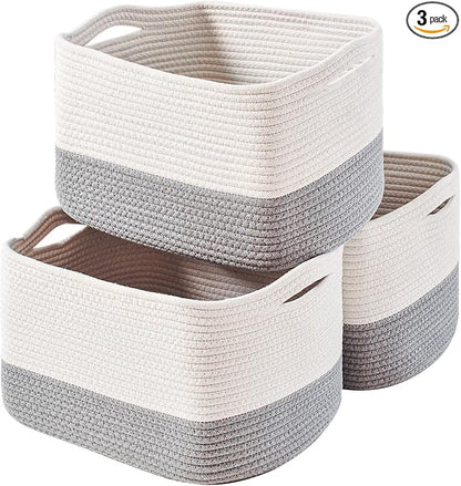 Storage Baskets for Organizing Shelves, Woven Cotton Rope Bins for Baby Nursery Organization, Book Toy Towel Organizer, 15"x11"x9.5", 3 Packs, Off White & Grey