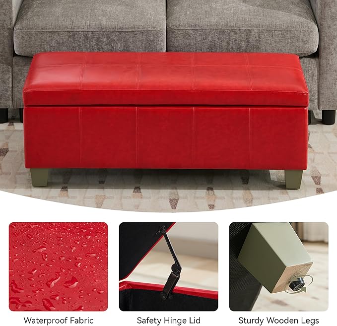41" Faux Leather Storage Ottoman, Stitch Tufted Rectangle Upholstered End of Bed Storage Bench, Entryway Large Couch Ottoman with Wooden Legs,Red