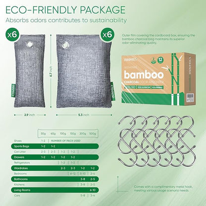 Activated Charcoal Odor Absorber,Large 12 Pack w Hooks Nature Odor Eliminator for Strong Odor, Bamboo Charcoal Air Purifying Bags,Moisture Absorbers for Fresh Home Car Closet Pet,Smoke Room Deodorizer