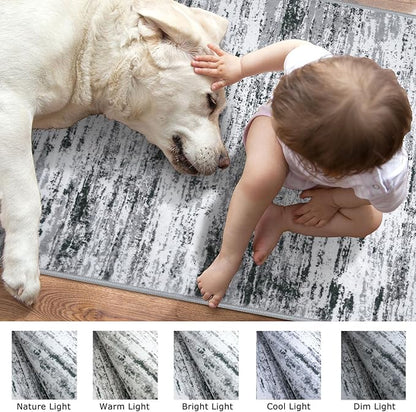 Modern Abstract Runner Rug 2x10, Black Grey White Washable Long Kitchen Runner Non-Slip Soft Hallway Rug Runner Thin Print Faux Wool Carpet for Entryway Bedroom Laundry Room Indoor Home Decor