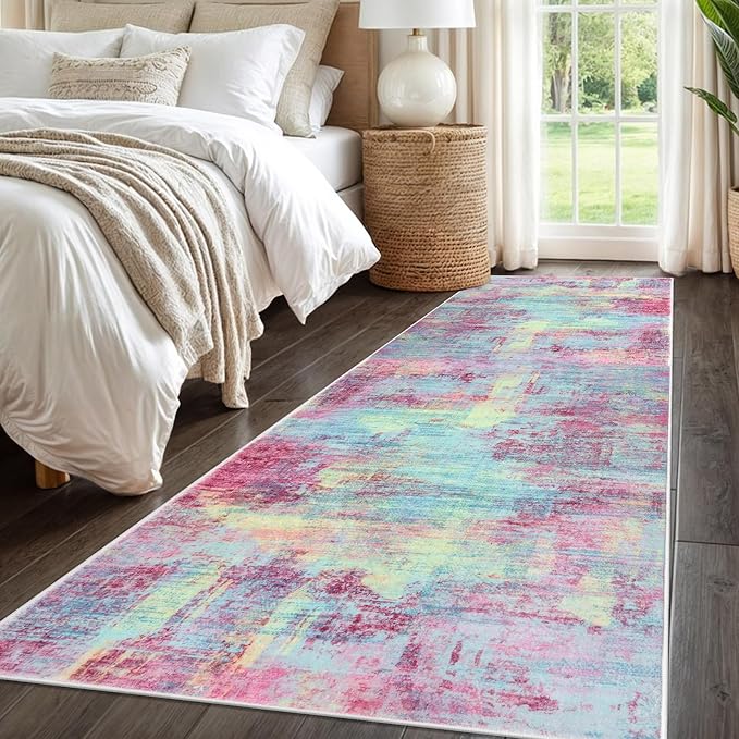 IOHOUZE Abstract Runner Rug 3x8 Ft Washable Runners for Hallways, Non Slip Kitchen Runner Printed Faux Wool Entryway Runner Indoor, Modern Abstract Floor Carpet for Hall Kitchen Bedroom, Pink Teal
