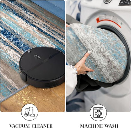 Modern Abstract Runner Rug 2x12, Blue Washable Long Kitchen Runner Non-Slip Soft Hallway Rug Runner Thin Print Faux Wool Carpet for Entryway Bedroom Laundry Room Indoor Home Decor