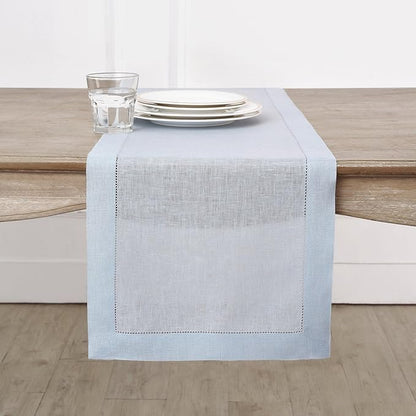 Solino Home Linen Light Blue Table Runner 108 Inches Long - 100% Pure Linen 14 x 108 Inch Table Runner for Winter, Christmas, New Year - Classic Hemstitch
