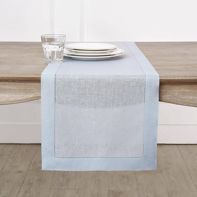 Solino Home Linen Light Blue Table Runner 90 Inches Long - 100% Pure Linen Hemstitch 14 x 90 Inch Table Runner for Dining, Winter, Christmas, New Year - Classic Hemstitch
