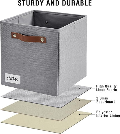 Collapsible Fabric Storage Cube Bins with 2 Reinforced PU Handles, Foldable Storage Organizer Baskets for Closet, Shelves, Living Room | 11"x11"x11", 4 Pack, Full Gray