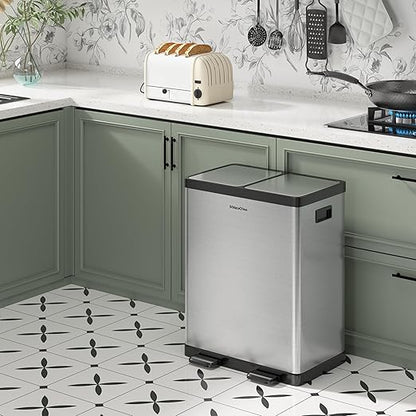 Kitchen Trash Can, 2 x 8 Gallon (2 x 30 L) Dual Trash Can, Garbage Can for Kitchen, Trash and Recycle Bin Combo, Fingerprint Resistant, Soft-close Lid,Odor-Proof and Brushed Stainless Steel