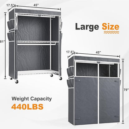 Raybee Heavy Duty Clothes Rack with Cover, 81" H Clothing Racks for Hanging Clothes, Portable with Wheels and Adjustable Feet, Max Load 440LBS, White