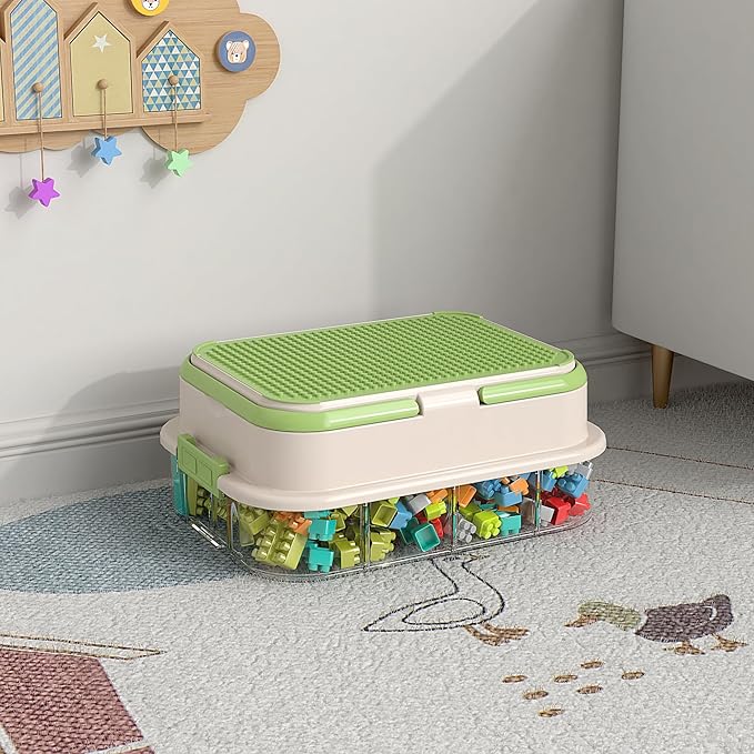 Toy Storage Organizer Box with Handle, Stackable Building Block Toy Box with Building Plate Lid & Removable Sorting Trays, Cubby Bins and Containers 1 Layer (Green)