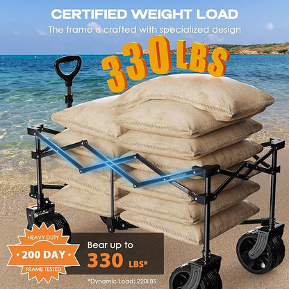 Collapsible Wagon Cart Heavy Duty Foldable, Folding Beach Wagon with Big Wheels for Sand, Utility Grocery Cart with Side Pocket and Brakes for Camping Sports Outdoor Activities, Grey
