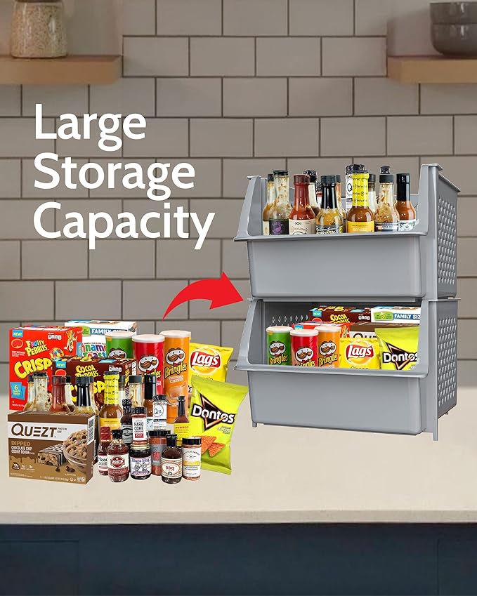 Skywin Plastic Stackable Storage Bins for Pantry - 2 Pack Stackable Bins For Organizing Food, Kitchen, and Bathroom Essentials (Light Grey)