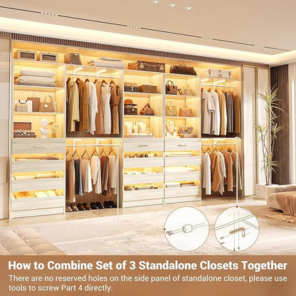 Aheaplus Closet System Set of 3, 138.5" Wood Closet Organizer System Tower with 12 Drawers & 4 Hanging Rods, 6.7+4.85Ft L Shaped Walk-in Closets Wardrobe Organizer Garment Rack with Shelves, White Oak