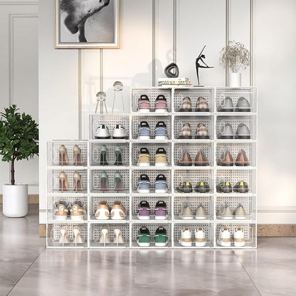 12 Pack X-Large Modular Clear Plastic Stackable Shoe Storage Organizer for Closet, Portable Space Saving Versatile Sneaker Shoe Rack Containers Bins Holders, White0303