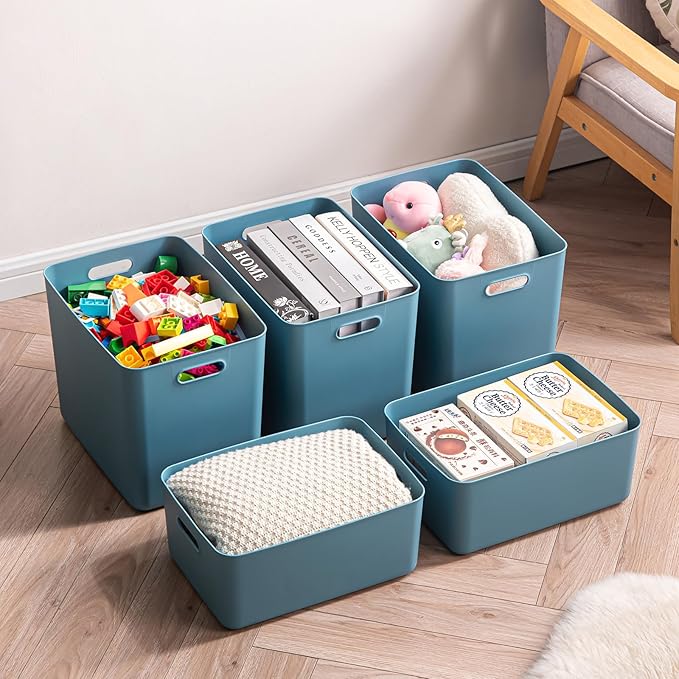 Plastic Storage Bins with lids,Storage Baskets,Container with handle,Storage Organizer Bins for Shelves,Office,Bedrooms,Closets, Cabinets(Blue, 4XL)