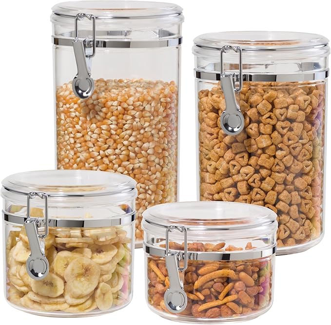 Oggi 4pc Clear Canister Set with Clamp Lids Airtight Containers in Sizes Ideal for Kitchen & Pantry Storage of Bulk, Dry Foods Including Flour, Sugar, Coffee, Rice, Tea, Spices & Herbs