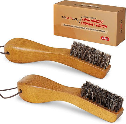 TAKAVU Laundry Stain Brush Set of 2 – Clothes Cleaning Brushes with Horsehair & Wooden Handle – Gentle Fabric Care Brush for Stain Removal, Shoes, Boots & Delicate Garments