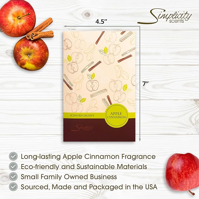 Simplicity Scents Apple Cinnamon Scented Sachets Pack of 3, Fall & Winter - Long-Lasting Scented Bags, Home Fragrance, Air Freshener & Deodorizer for Closet, Room, Drawer, or Cars, Made in USA