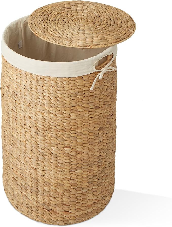Casafield Round Laundry Hamper with Lid and Removable Liner Bag - Natural, Woven Water Hyacinth Wicker Laundry Basket for Clothes and Towels