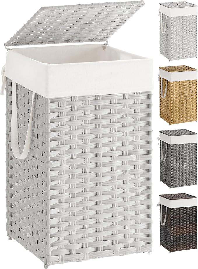 SONGMICS Laundry Hamper with Lid, 17.2 Gallon (65 L) Synthetic Rattan Clothes Laundry Basket with Lid and Handles, Foldable, Removable Liner, Cloud White ULCB165W01