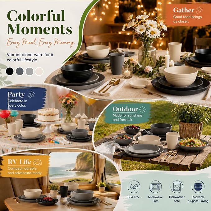 Kitchen Plates and Bowls Sets 40PCS, Wheat Straw Dinnerware Sets