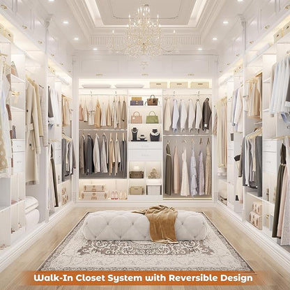 Closet System - 4.75-8FT Closet Organizer System with Wooden Drawers & Cube Storage Organizer, Up To 96" Closet Systems for Nursery & Walk-In Closets with Cuttable Hanging Shelving, White
