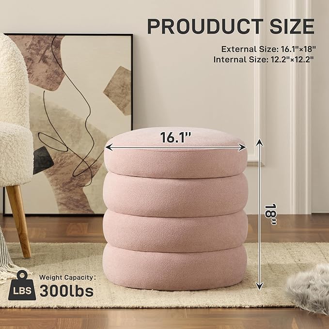 Round Ottoman with Storage Boucle Ottoman Stool Removable Lid for Living Room Modern Upholstered Vanity Storage Stool Foot Rest Bedroom Dorm Gifts Set of 2 (Pink)