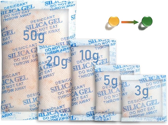 LotFancy Silica gel Desiccant, Assorted Sizes (3/5/10/20/50 Gram) Silica Gel Packets, 100Packs Total, Rechargeable Desiccant Packets with Orange Color Indicating, Food Safe
