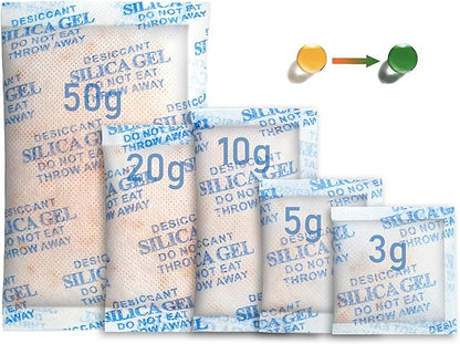 LotFancy Silica gel Desiccant, Assorted Sizes (3/5/10/20/50 Gram) Silica Gel Packets, 100Packs Total, Rechargeable Desiccant Packets with Orange Color Indicating, Food Safe