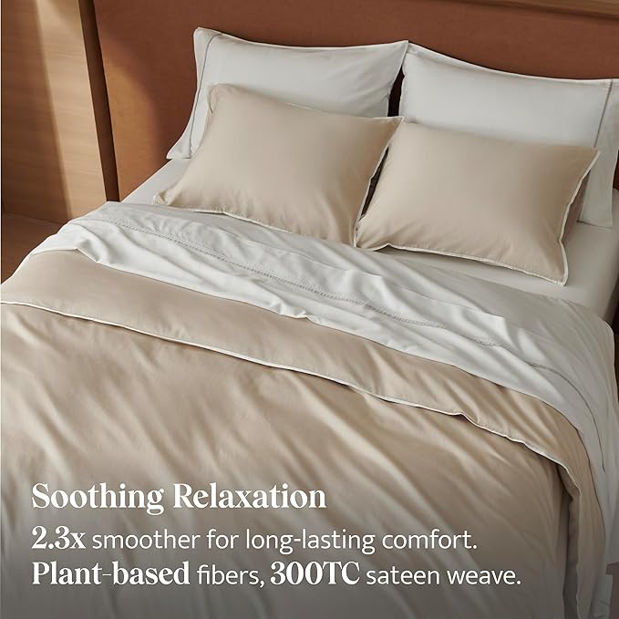 Double Stitch Cotton Tencel Duvet Cover - King Size Comforter Cover, Luxury & Soft Eucalyptus Lyocell Bedding Set for Hot Sleepers, Cooling & Breathable, Button Closure, Sandstone Contrast, 106"x90"