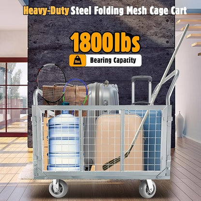 Platform Truck Cart with Cage, 6 in1 Foldable Flatbed Cart Heavy Duty Push Cart Dolly W/Swivel Wheels 1800lbs Capacity Multipurpose Hand Cart for Grocery/Laundry/Stall/Storage