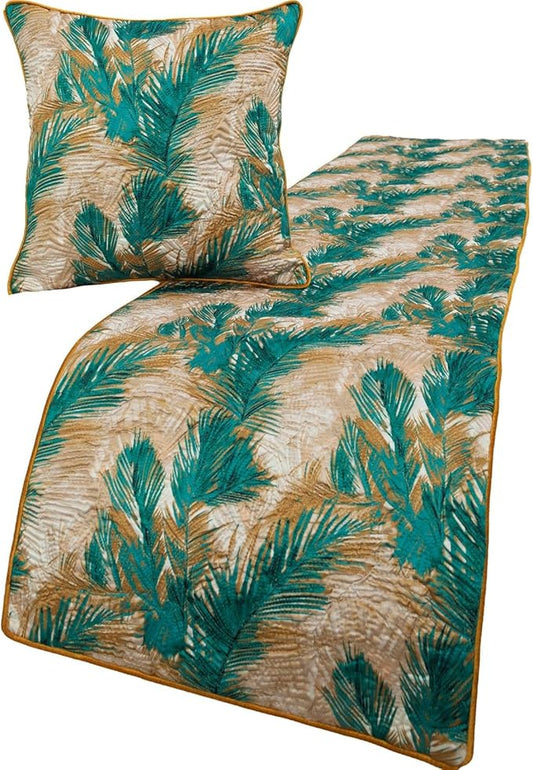 The HomeCentric King/Queen/Twin Green Decorative Full 68"x18" Bed Runner with Pillow Cover, Plam Leaves & Quilted Bed Scarf on Satin Fabric - Palms